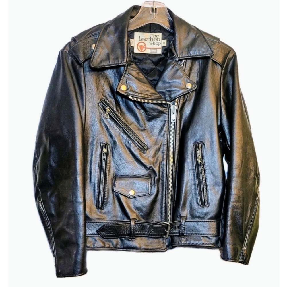 Vintage The Leather Shop Sears Leather Moto Jacket Size 12 Black Biker V Cut